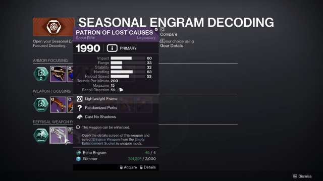 A screenshot of the Destiny 2 Episode: Echoes focus screen.