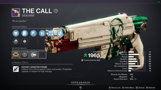 The Call, a sidearm, with stats and perks in Destiny 2.