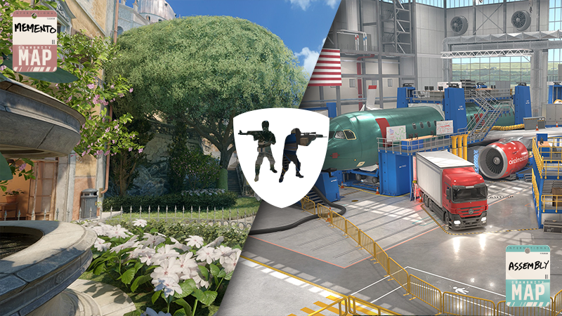 A split shot of two new CS2 maps, Memento and Assembly.