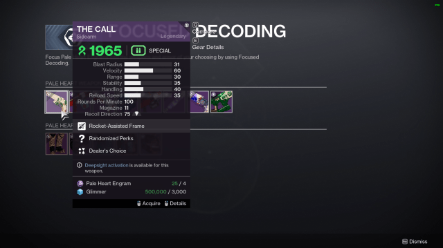 A screenshot of the Focused Decoding menu at Ghost in Destiny 2.