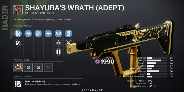 The Shayura's Wrath SMG in Destiny 2, with stats displayed.