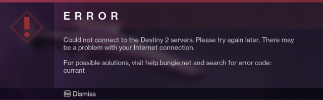 A screenshot of the CURRANT error code in Destiny 2.