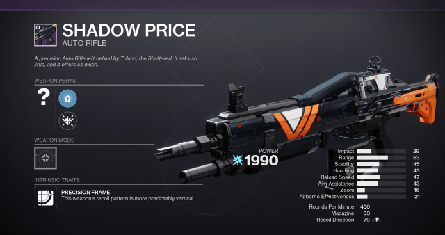 The Shadow Price auto rifle from Destiny 2.