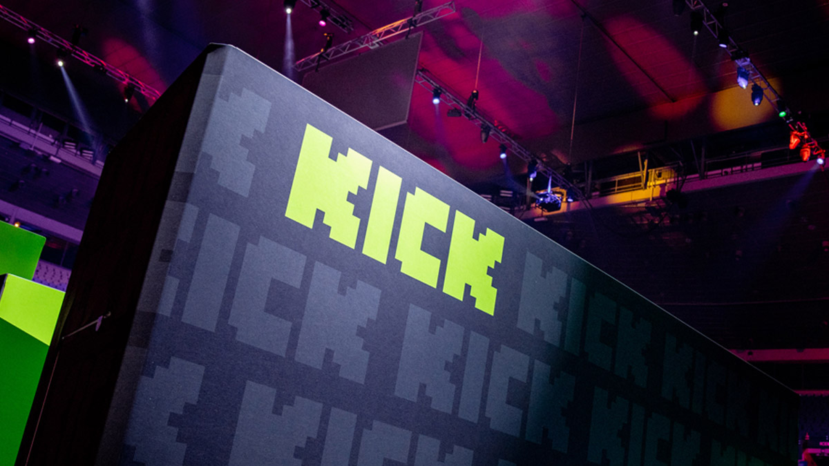 The Kick logo on a wall inside of an arena.