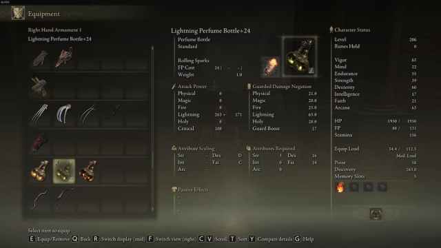 The Lightning Perfume Bottle's stats in Elden Ring: Shadow of the Erdtree.