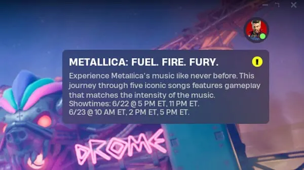 Fortnite Metallica concert showtimes.