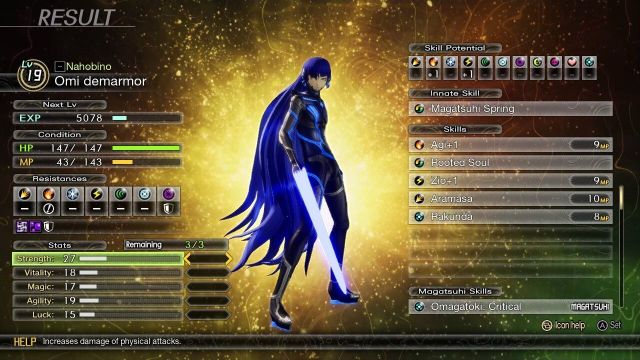 The characters stats screen for Nahobino when leveling up and allocating stats in Shin Megami Tensei V Vengeance