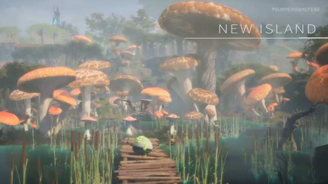 The mushroom swamp area on the new island in Palworld.