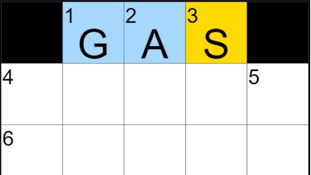 A partially filled NYT Mini Crossword puzzle with 'GAS' on 1A.