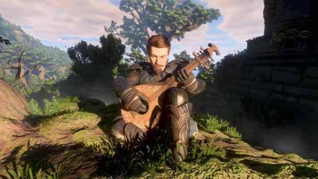 A character sitting on the ground and playing the lute in Enshrouded.