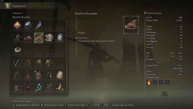 Item description of the Shard of Alexander in Elden Ring.