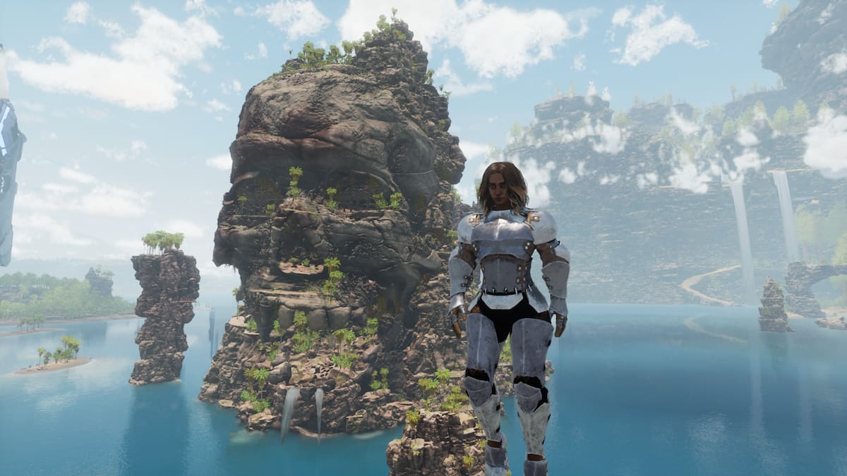 The player floating in front of the skull rock island in Ark: Survival Ascended The Center.