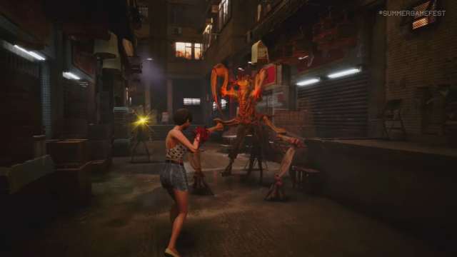 Slitterhead gameplay trailer screenshot featuring the player character fighting a grotesque monster with a gun made out of blood