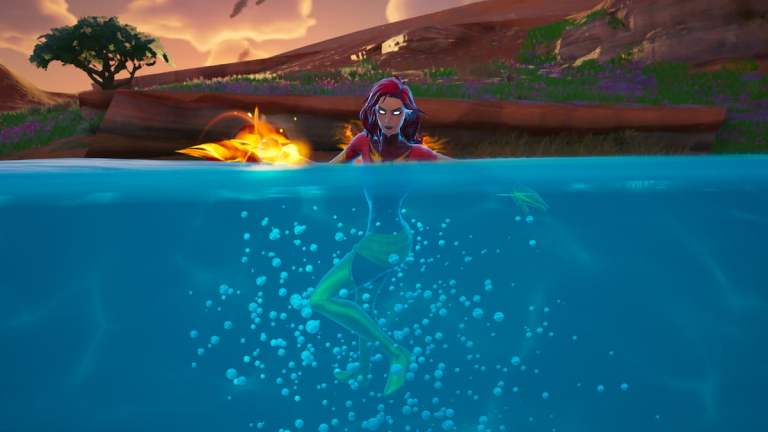 Phoenix swimming in an Oasis Pool in Fortnite.