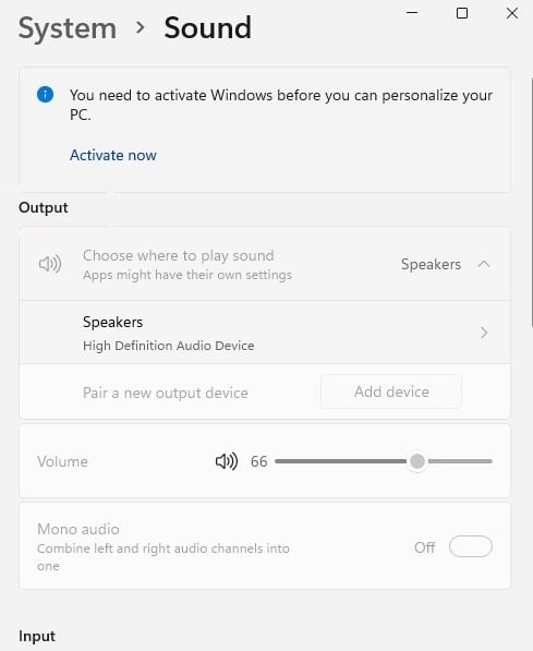 Default audio settings in Windows.