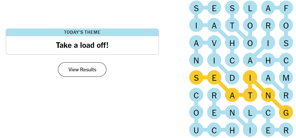 A fully answered Strands board themed "Take a load off!" with the Spangram highlighted in yellow.