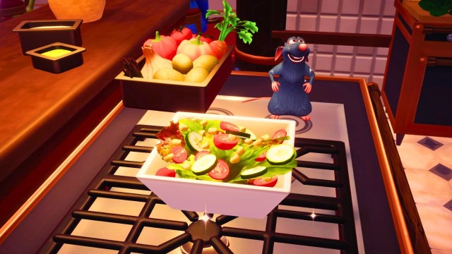 remy next to the tasty salad in dreamlight valley