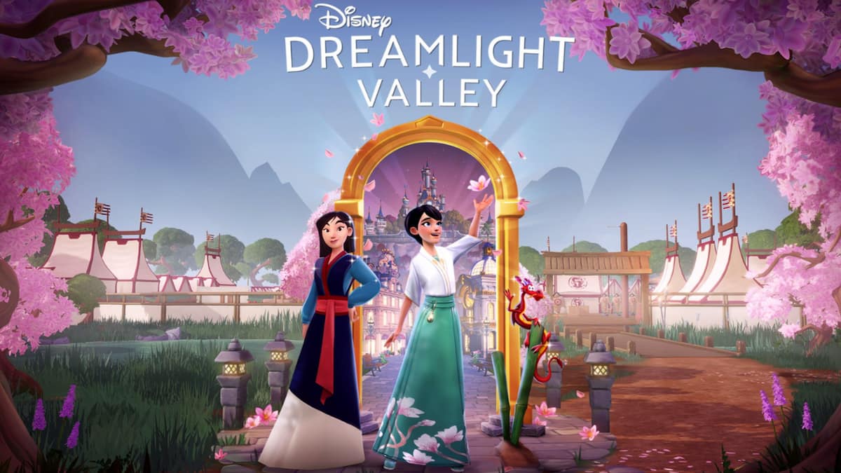 Mulan, Mushu, and the player standing in the Mulan Realm in Disney Dreamlight Valley.