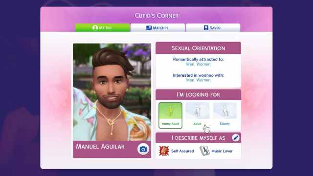 The Sims 4's Cupid's Corner app profile.