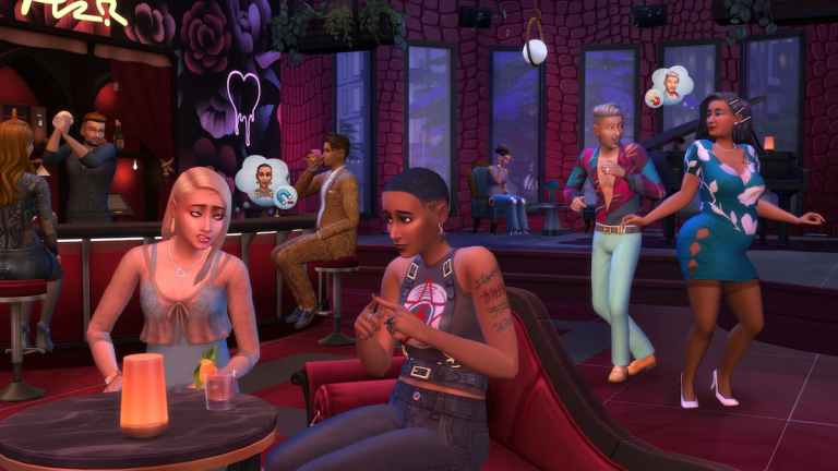 Several Sims flirting in a bar.