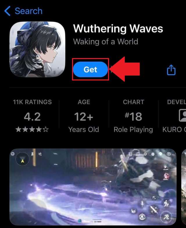 The Wuthering Waves App Store page with the Get option marked.