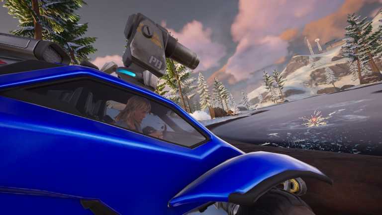 Sylvie driving a car and shooting explosives at a fishing hole in Fortnite.