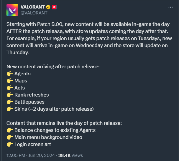 Tweet from VALORANT account explaining patch schedule changes.