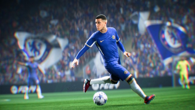 Chelsea midfielder Enzo Fernandez has the ball in a promotional image for EA FC 24.