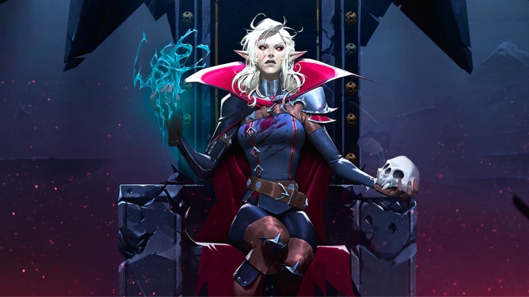 female vampire sitting on a throne holding a skull in v rising