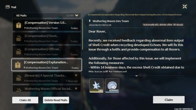 Screenshot of in-game mail from Wuthering Waves, displaying a message from the dev team regarding compensation for abnormal item output. The mail mentions a hotfix and compensation of 160 stars and 600,000 Shell Credit.