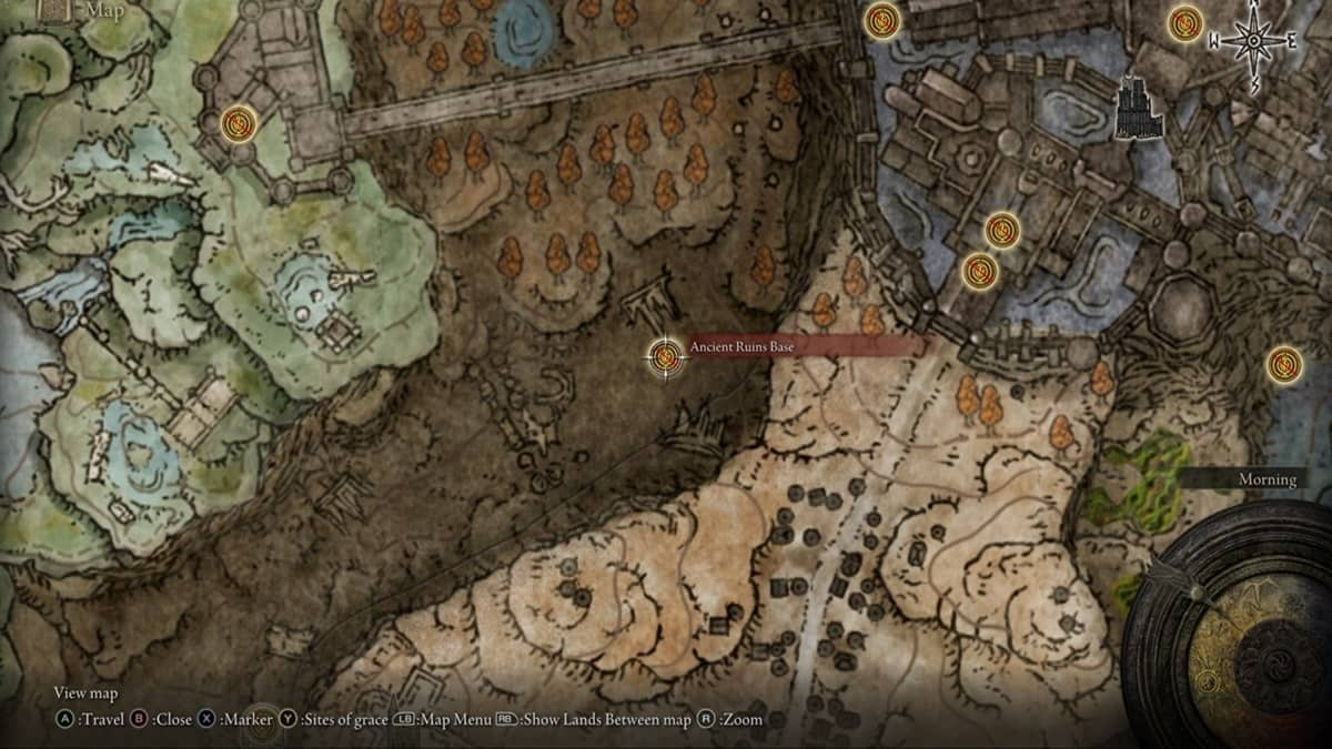 Elden Ring map showcasing the Ancient Ruins Base Site of Grace