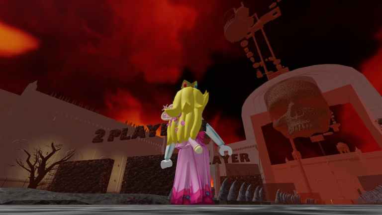 Roblox character is standing in front of the gates of hell