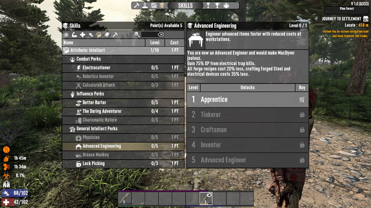 7 Days to Die skills menu showing Advanced Engineering