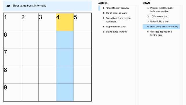 Boot camp boss, informally 4d clue for the nyt mini crossword july 19