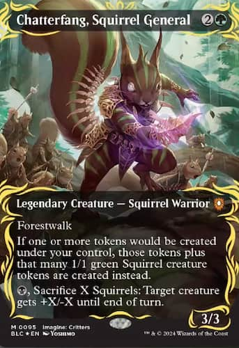 Chatterfang holding sword in Bloomburrow MTG Commander set