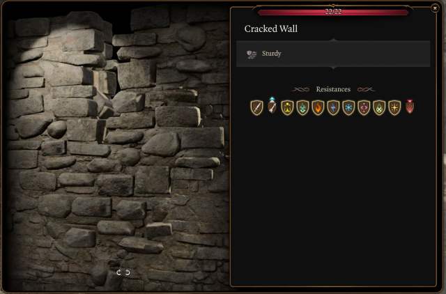 A screenshot from BG3 showing readers what a Cracked Wall looks like and all of its resistances