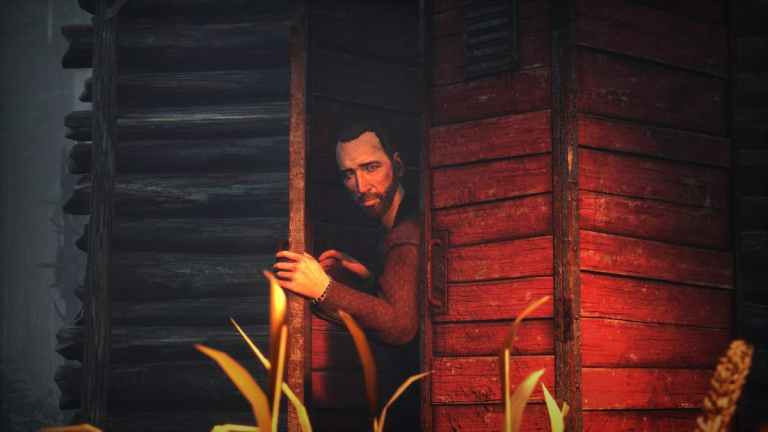 An image of Nick Cage in Dead By Daylight hiding from the killer in a locker.