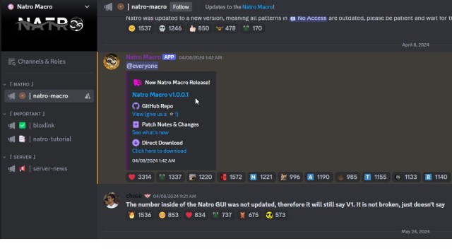 Natro Macro discord page with the download link