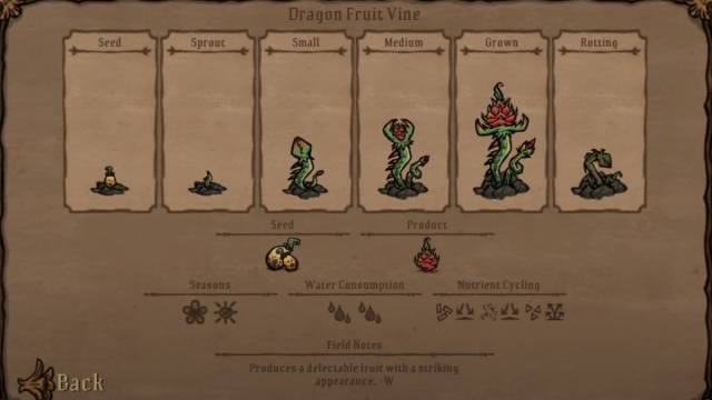 An image from Don't Starve Together of the Dragonfruit crop info pannel.