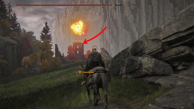 Howl of Shabriri location indicated with red arrow at top of Frenzy-Flaming Tower in Elden Ring