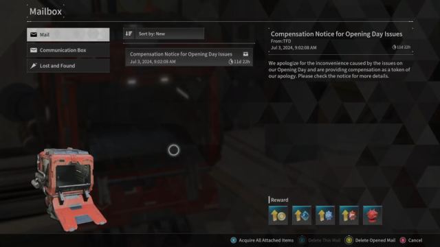 The Mailbox in The First Descendant showing unclaimed rewards.