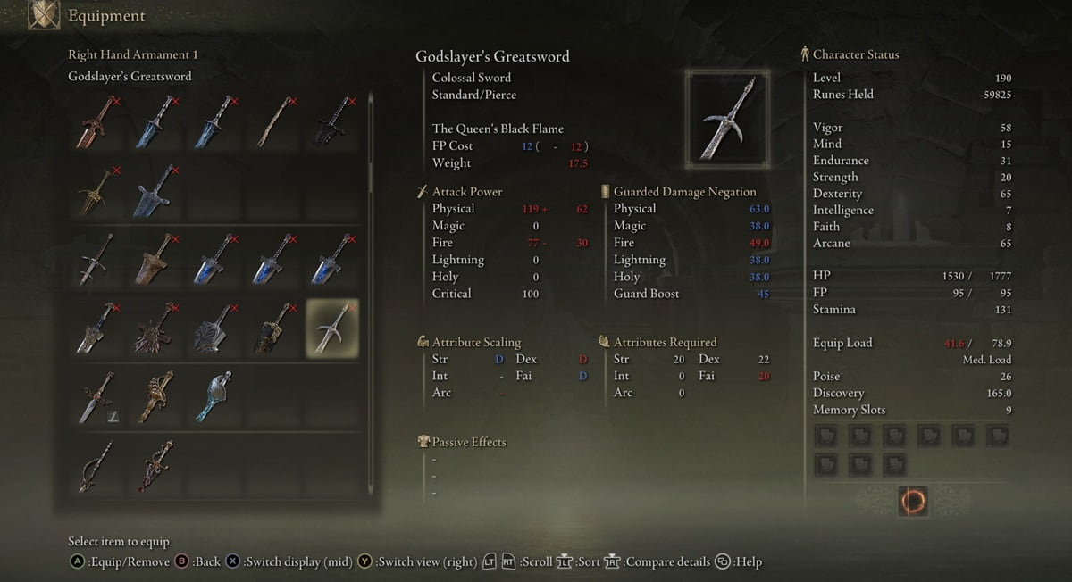 Inventory showcase of the Godslayer's Greatsword in Elden Ring