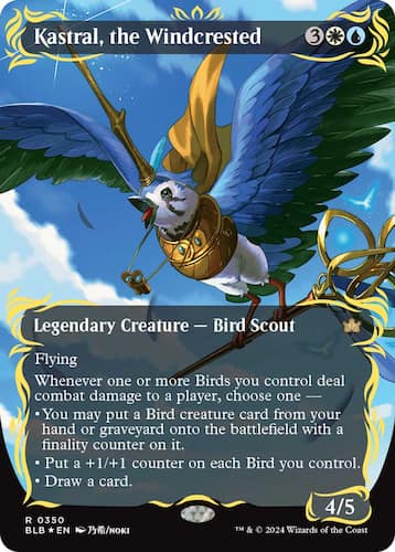 Bird scout with magic wand ontop of head in Bloomburrow MTG set