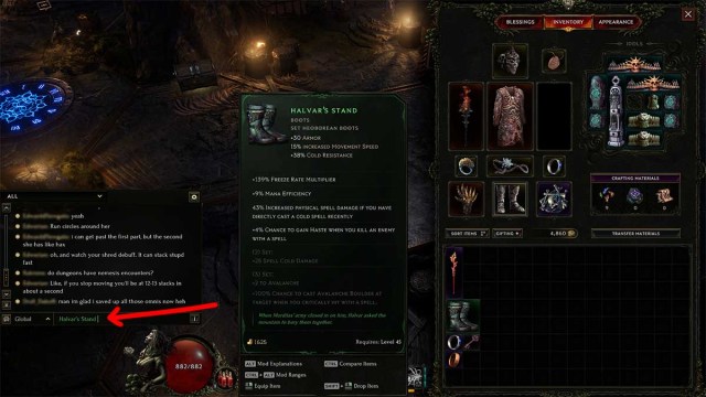 Linking an item into Last Epoch chat with a red arrow pointing at the item name in the message box