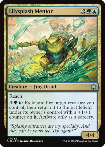 Frog Druid surfing on leaf using magic in Bloomburrow MTG set