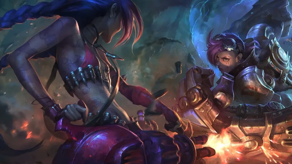 League of Legends art showcasing Vi preparing to lunge at Jinx in combat.