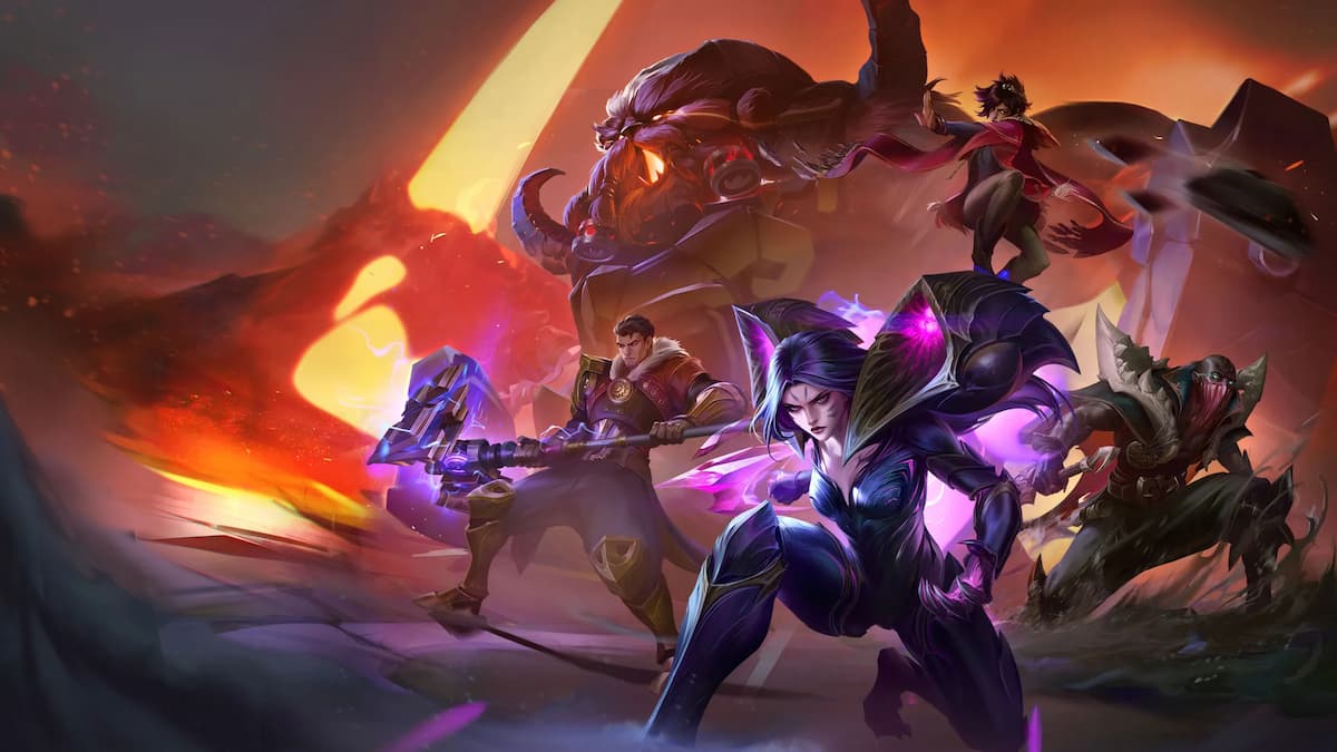 League of Legends art showing Kai'Sa, Jayce, Ornn, Taliyah, and Pyke preparing for battle.