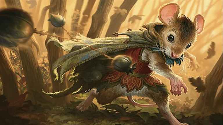 Mouse throwing a trap in Bloomburrow MTG set