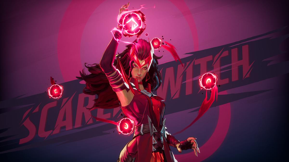 Scarlet Witch in stylized shot with hero name for the Marvel Rivals hero menu