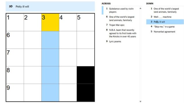 petty ill will in ny times mini crossword clue